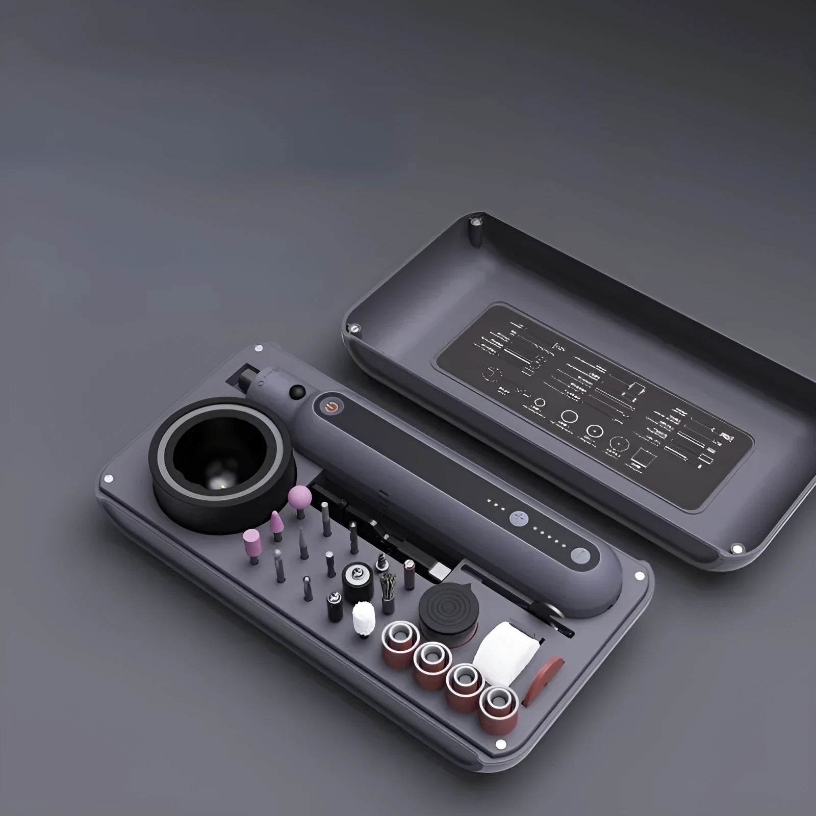 Compact black mini electric grinder set with chuck for cutting and polishing