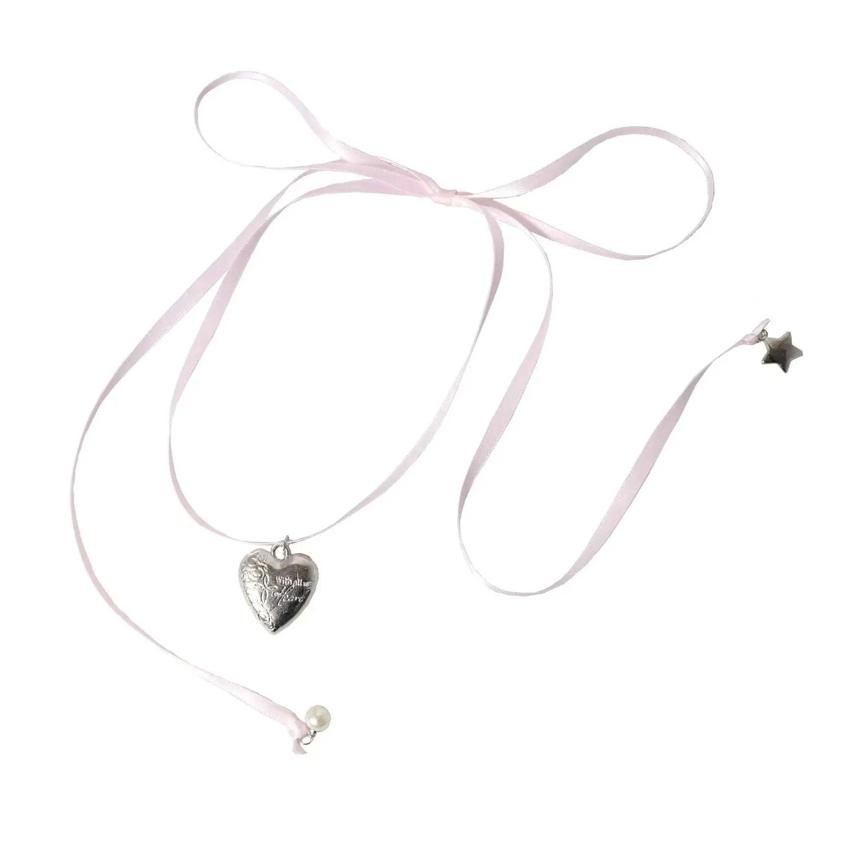 Women's silver tone ribbon love pendant necklace on clavicle length chain