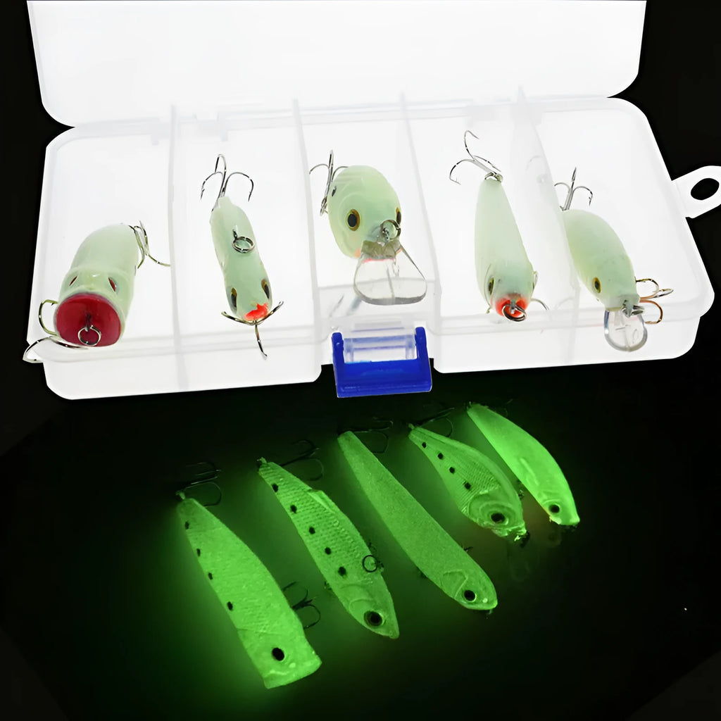 Set of five multi-colour 3D fluorescent hard fishing lures with luminous details.