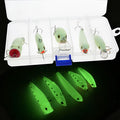 Set of five multi-colour 3D fluorescent hard fishing lures with luminous details.