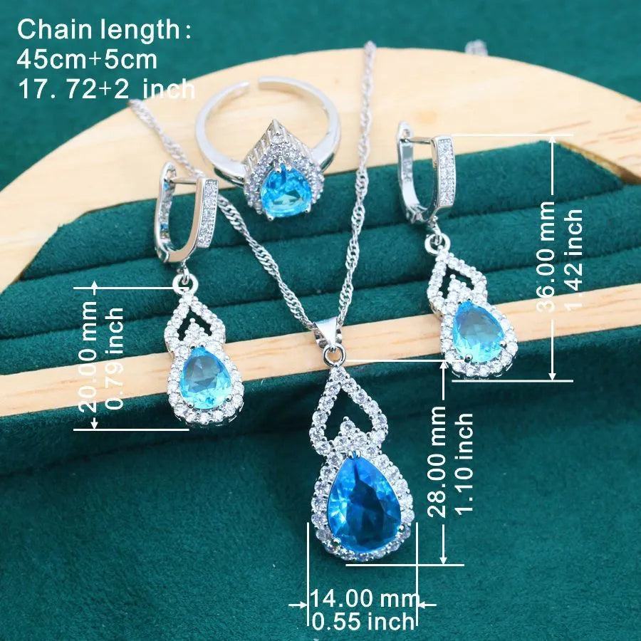 Copper inlaid zircon water drop jewellery set with earring ring necklace in electroplated finish