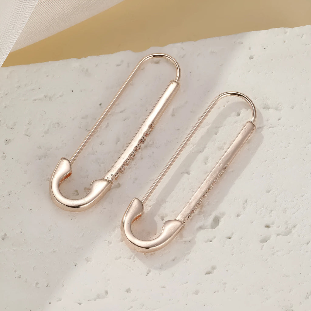 Rose gold geometric pin earrings for women, copper with inlaid zircon, asymmetric design, 1 pair