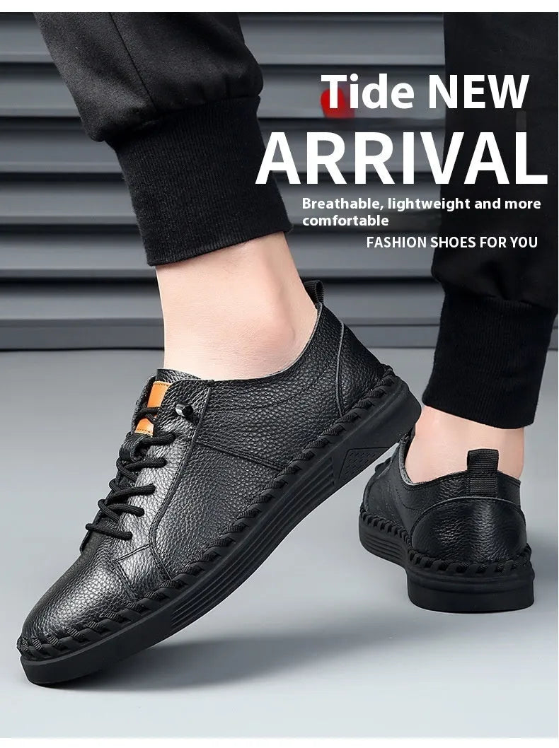 Men's beige cowhide sneakers with mesh lining and stitching details