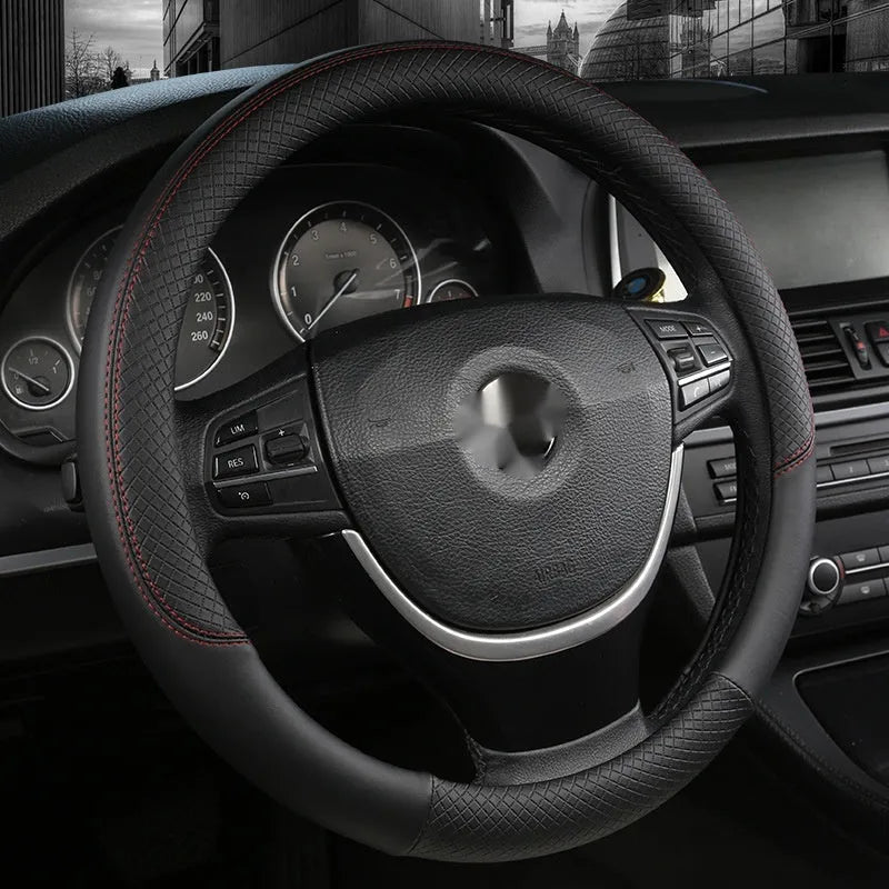 Leather car steering wheel cover with double line stitching, breathable four-season sports style, fits round and D-shaped wheels
