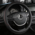 Leather car steering wheel cover with double line stitching, breathable four-season sports style, fits round and D-shaped wheels