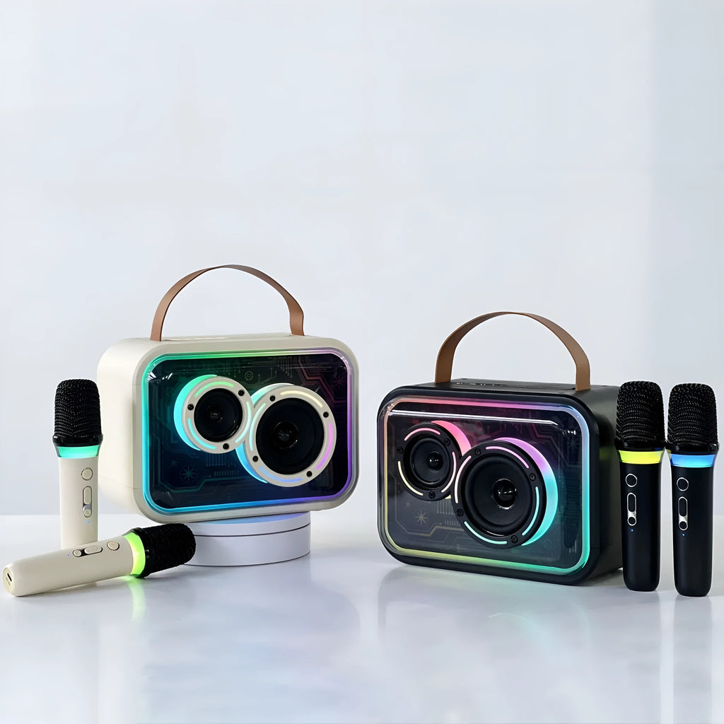Portable Bluetooth karaoke speaker with colourful RGB lighting in light yellow colour