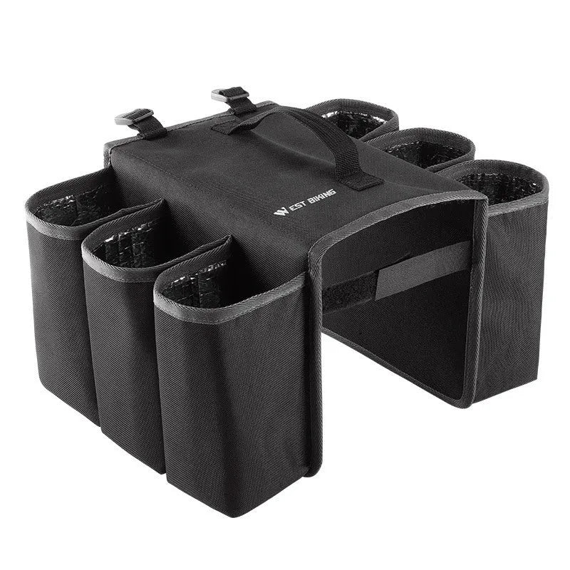 Black and blue orange double-sided bicycle drink shelf bag mounted on handlebars.