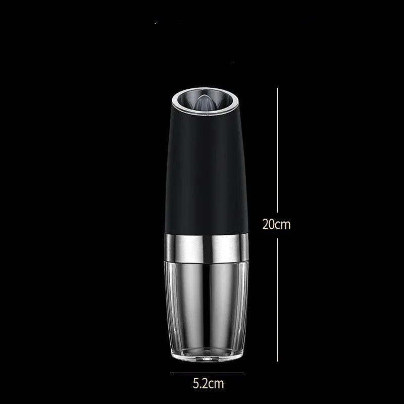 Rechargeable electric pepper and salt grinder in black, white, or silver with clear acrylic body and ceramic mechanism.