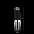 Rechargeable electric pepper and salt grinder in black, white, or silver with clear acrylic body and ceramic mechanism.