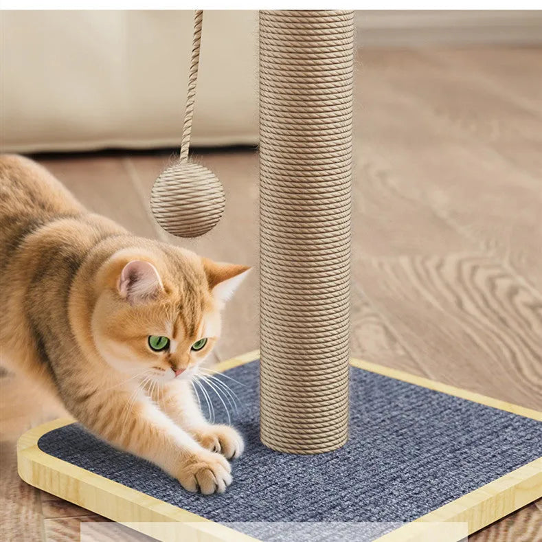 Natural pine wood cat climbing frame with a tufted post and a white windmill-style hanging ball toy.