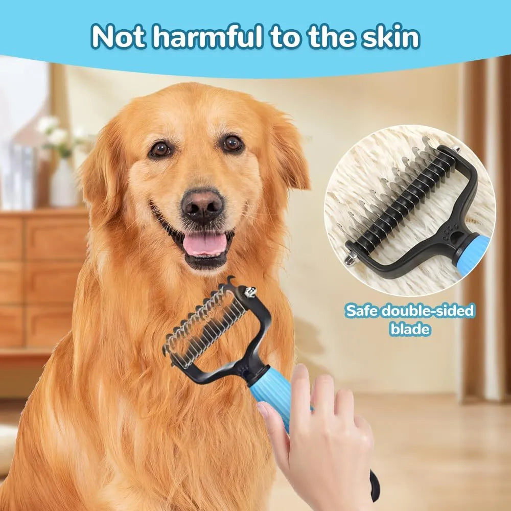 Double-sided stainless steel dematting comb for dogs and cats in blue or pink, large or small size