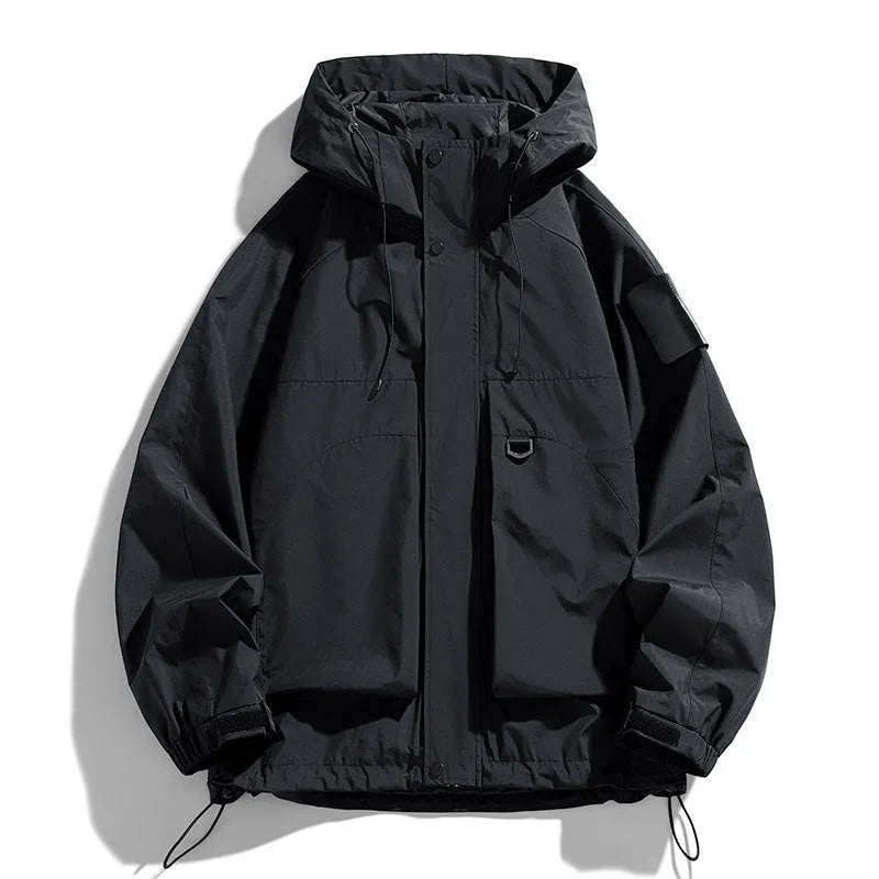Men's black waterproof windproof hooded coat with polyester fibre construction