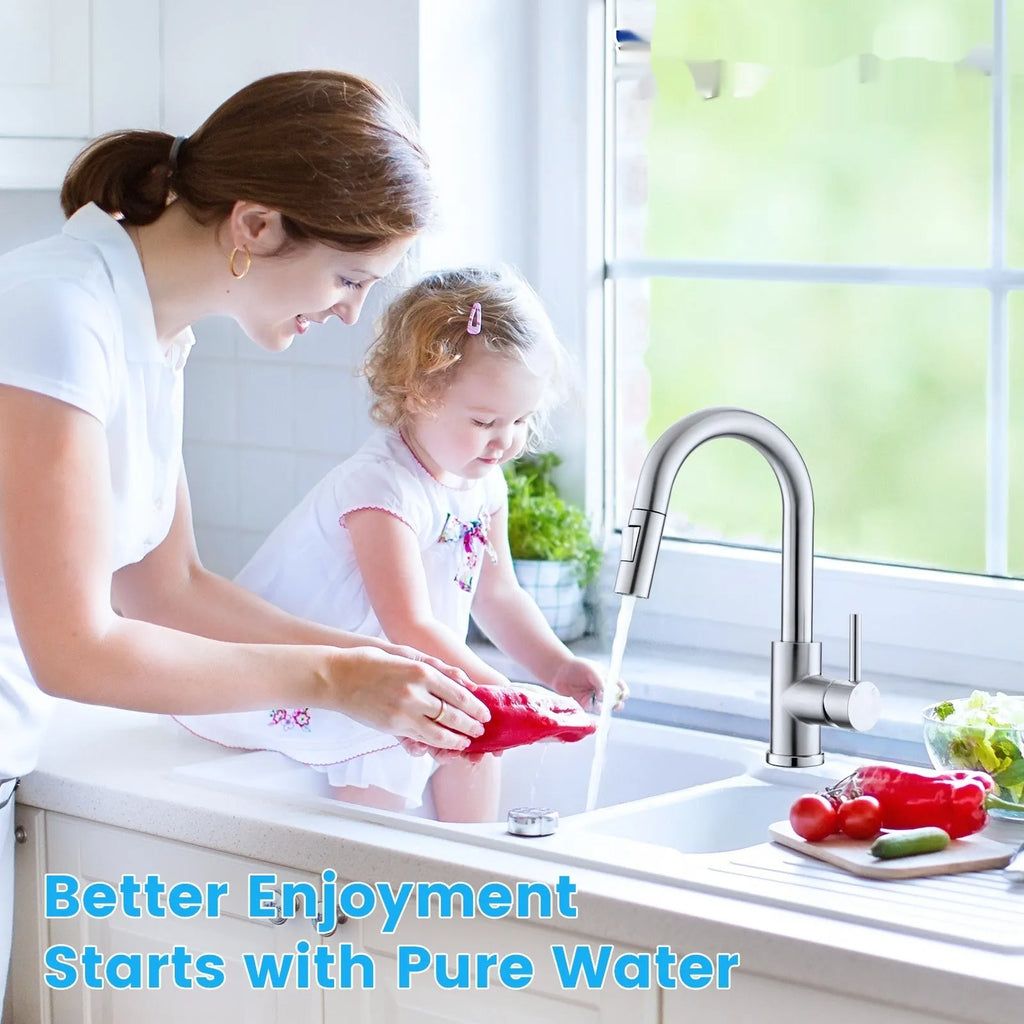 White countertop carbon rod water purifier connected to a household kitchen faucet with replaceable filter element.