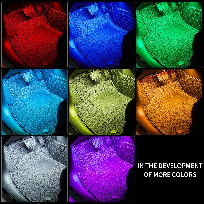 Car footwell LED atmosphere lighting strips with smartphone APP control showing eight colour options