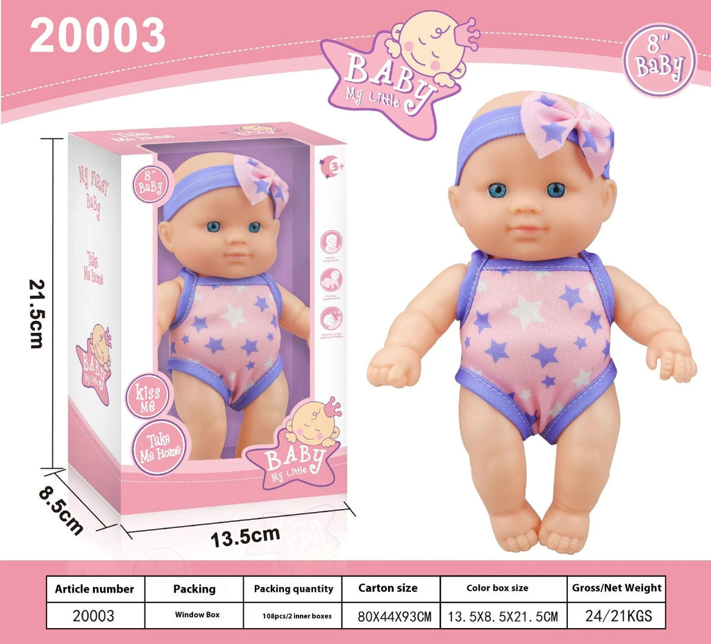 Vinyl baby figurine doll in display with colour variations and measurement scale