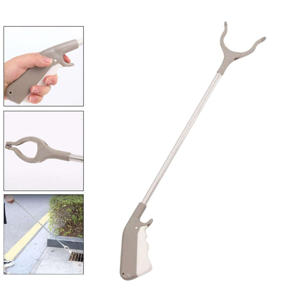 Stainless steel lengthened-handle garbage picker pliers with a push-type handle.