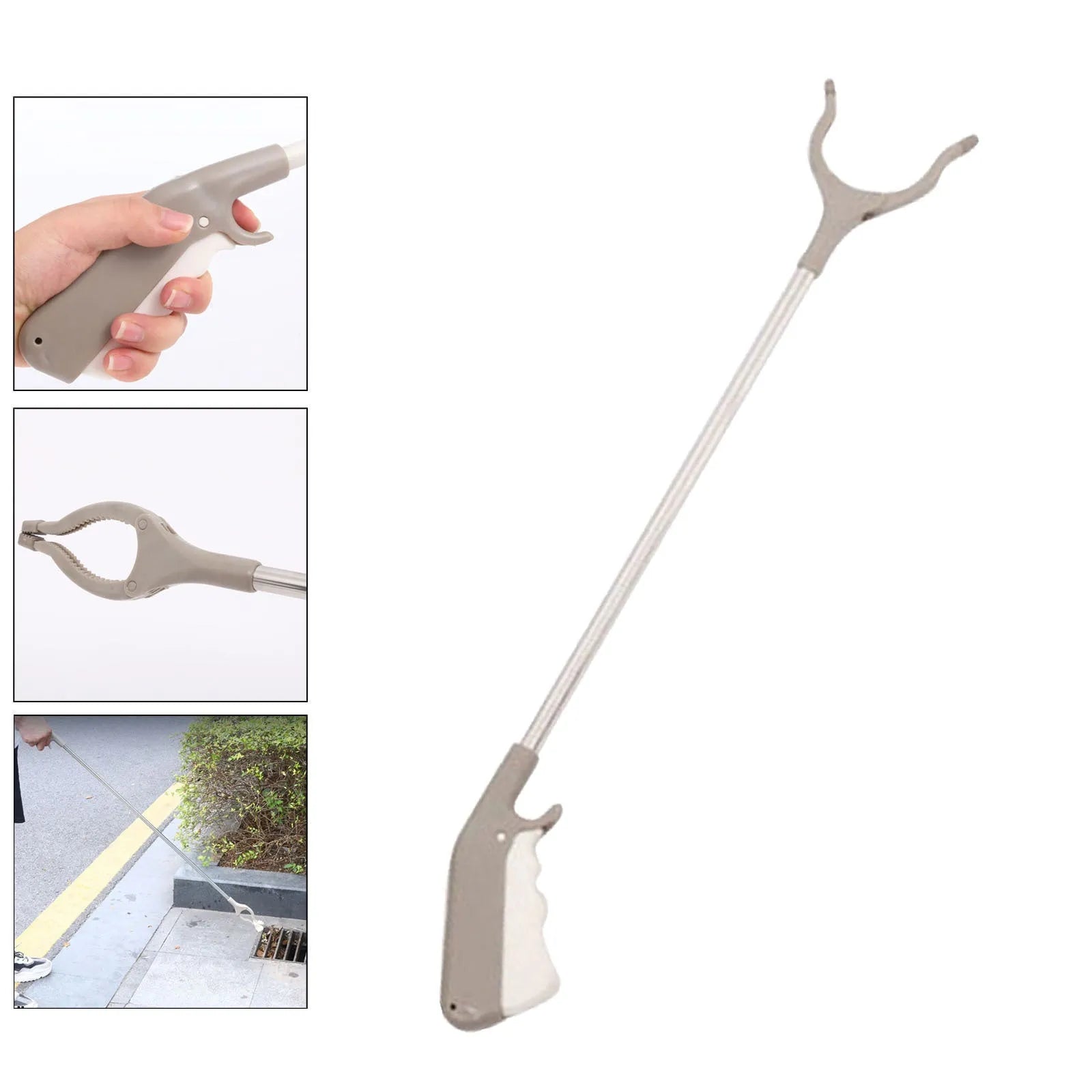 Stainless steel lengthened-handle garbage picker pliers with a push-type handle.