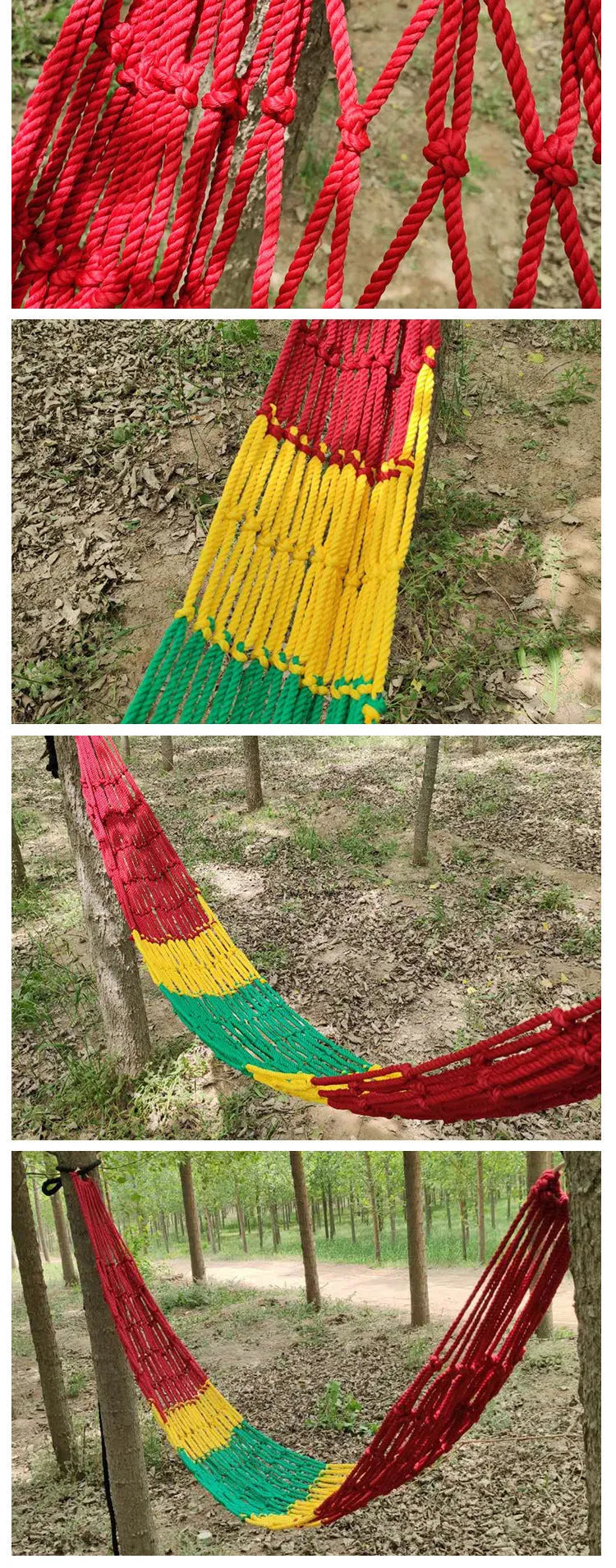 Nylon rope mesh outdoor hammock measuring 1.1m wide with tying components