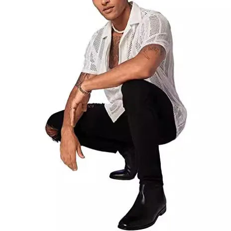 Men's black and white short-sleeved knitted cardigan shirt with button front and jacquard fabric texture