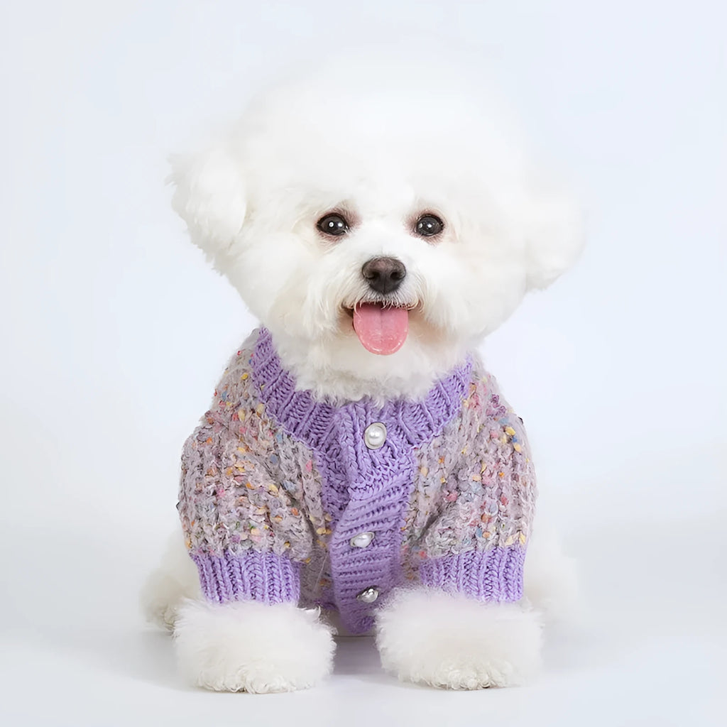 Purple dog cardigan sweater for small dogs in XL and XXL sizes with front opening
