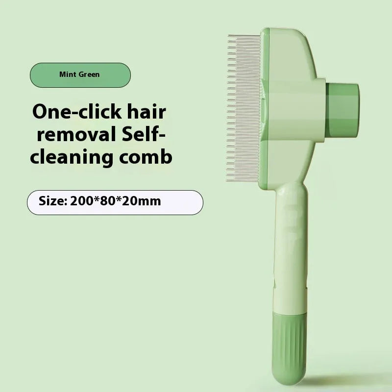 Yellow self-cleaning pet comb with release button and stainless steel teeth for dog and cat grooming