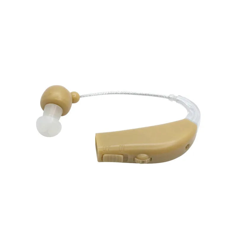 Black rechargeable hearing aid amplifier with silicone earplugs and a charging cable.