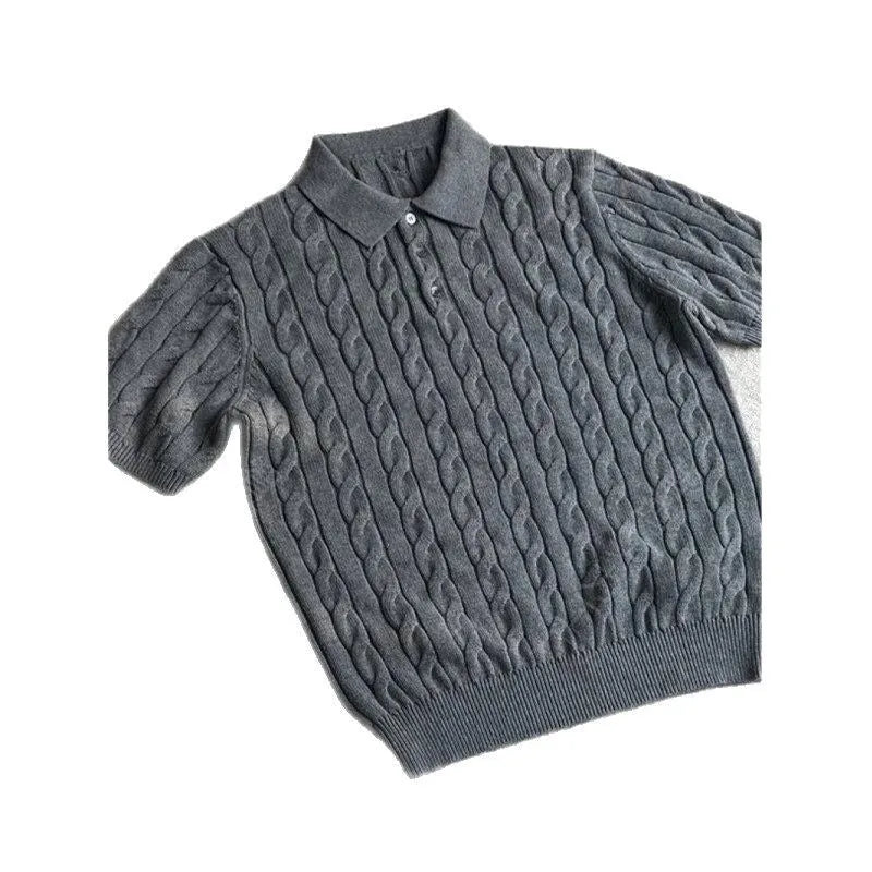 Grey knitted cotton summer T-shirt with short sleeves in youth style