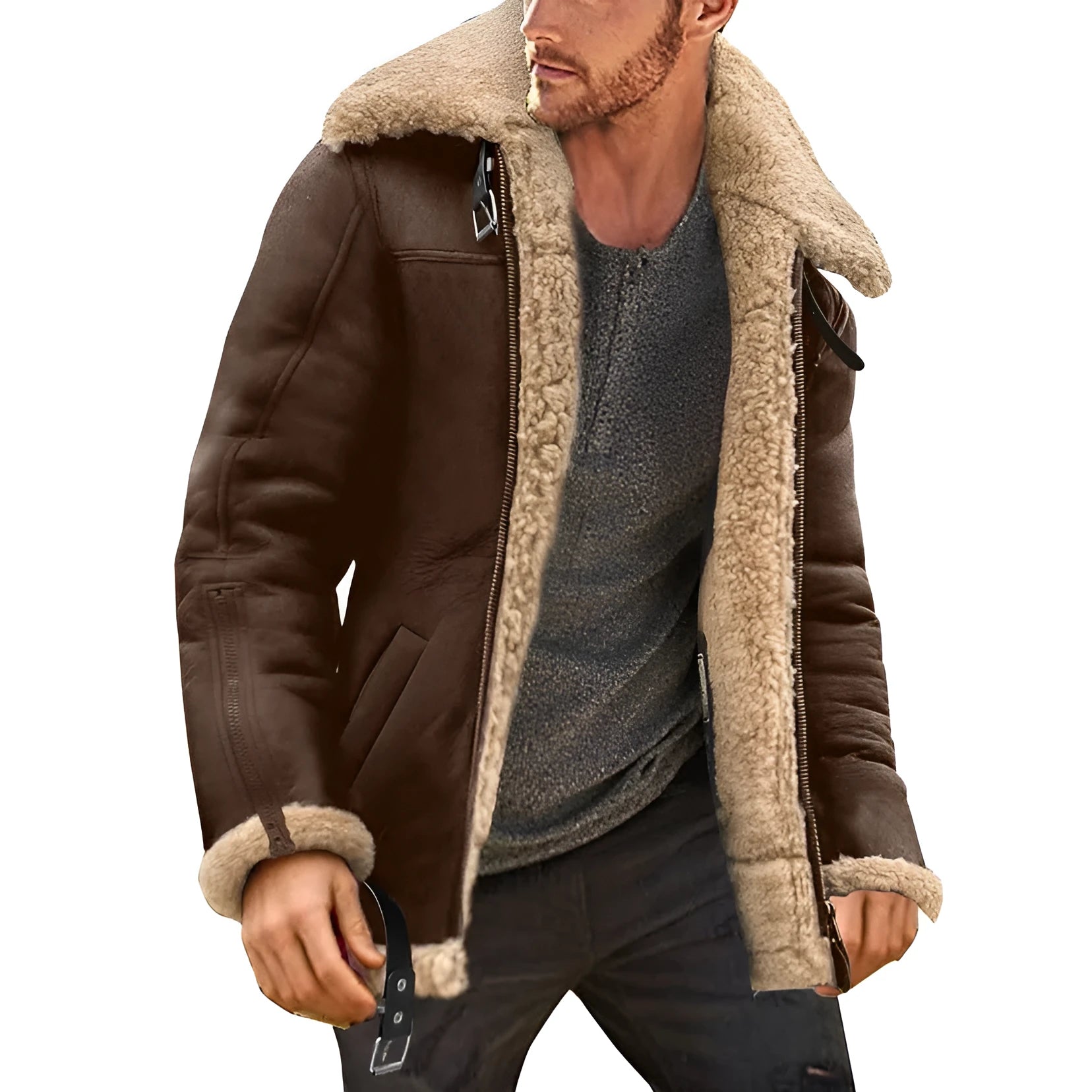 Winter fur integrated thickened zipper faux leather men's jacket in black with long sleeves, straight hem, and slit pockets.