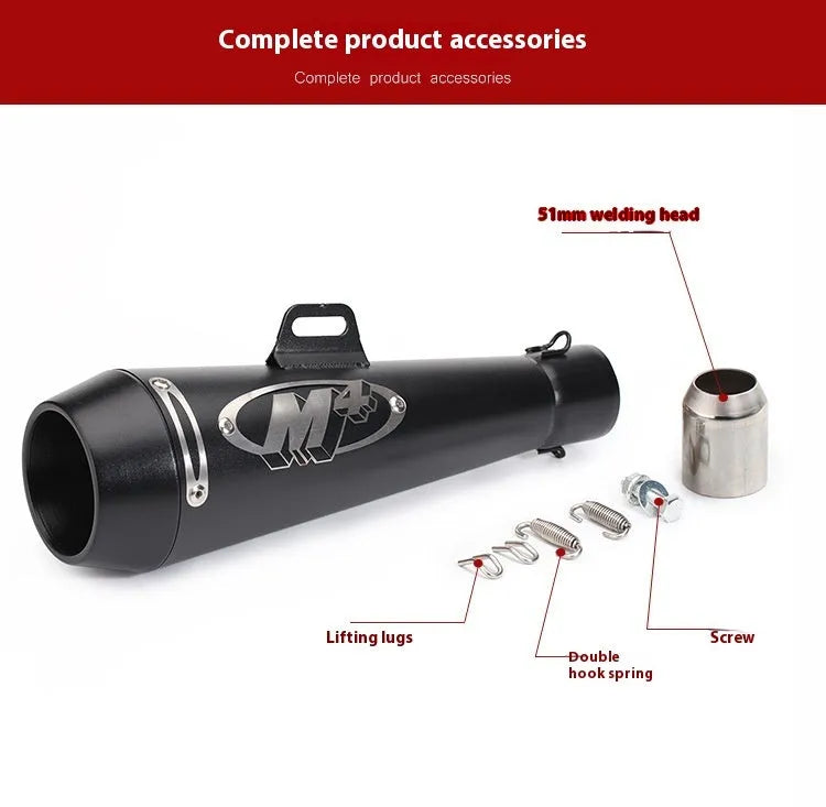 M4 universal motorcycle exhaust pipe in stainless steel, showing various finish options like black, titanium, and half blue.