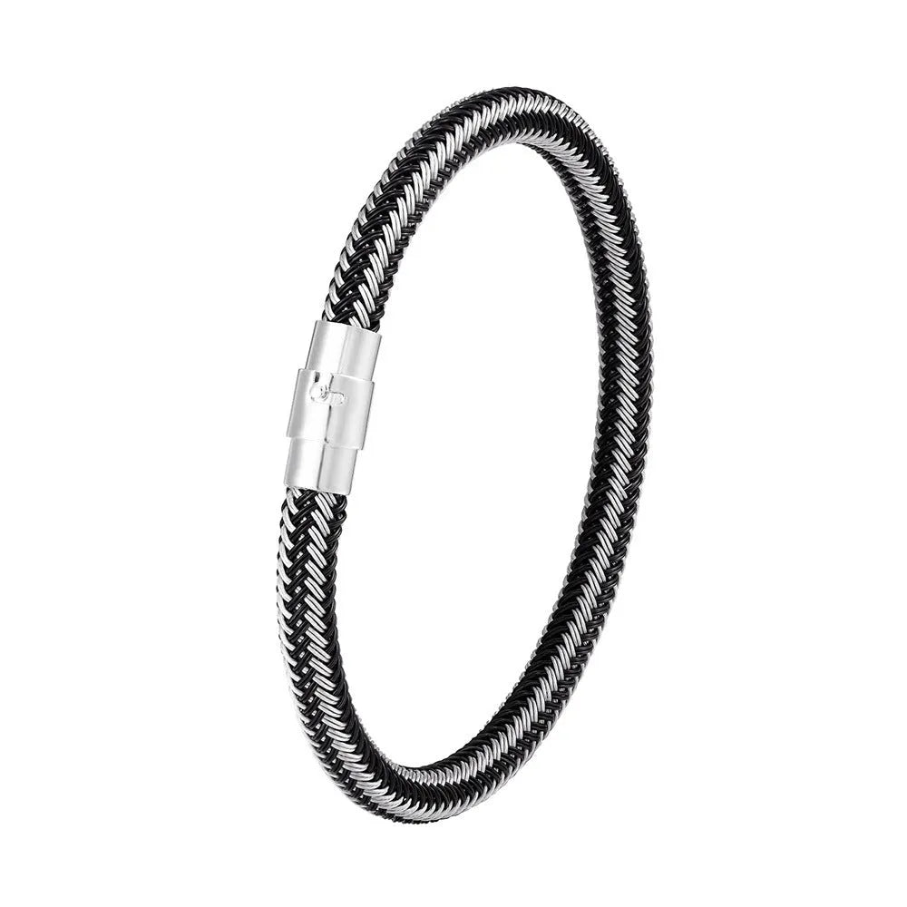 Geometric titanium steel wire bracelet with magnetic clasp on a wrist, shown in a matte grey finish.