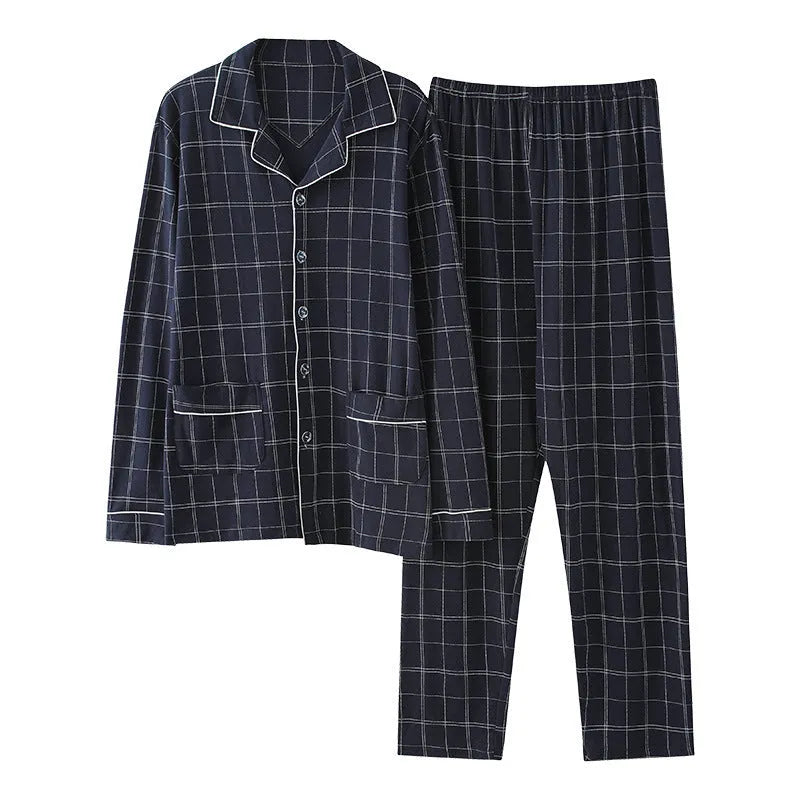 Men's cotton cardigan pyjama set in long sleeve top and trousers, available in five colours and sizes M to XXXXL