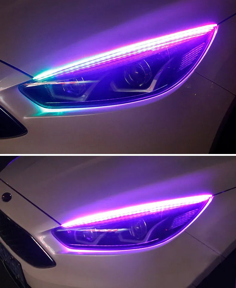 RGB colour-changing LED day running light strip with remote control, shown in 30cm, 45cm, and 60cm lengths.