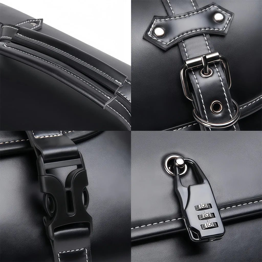 Dark punk styled motorcycle side bag with coded lock for equipment storage