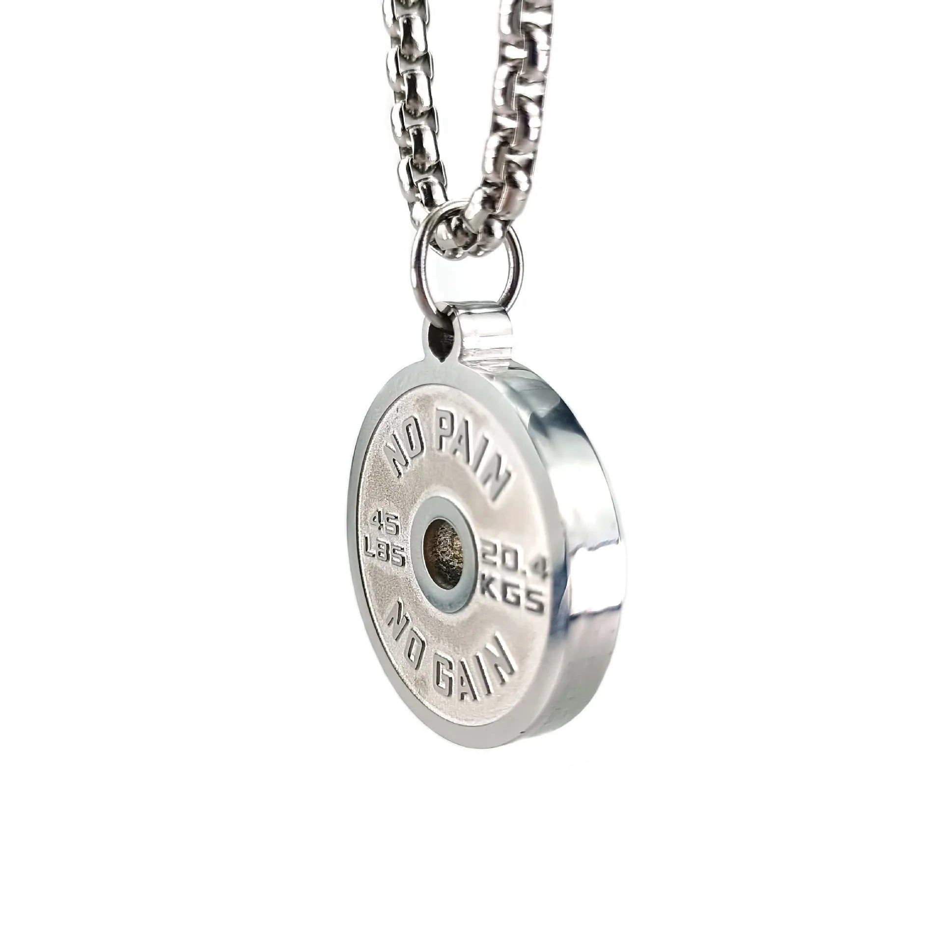 Stainless steel geometric barbell disk necklace pendant on a choice of gold, black, or pearl chain