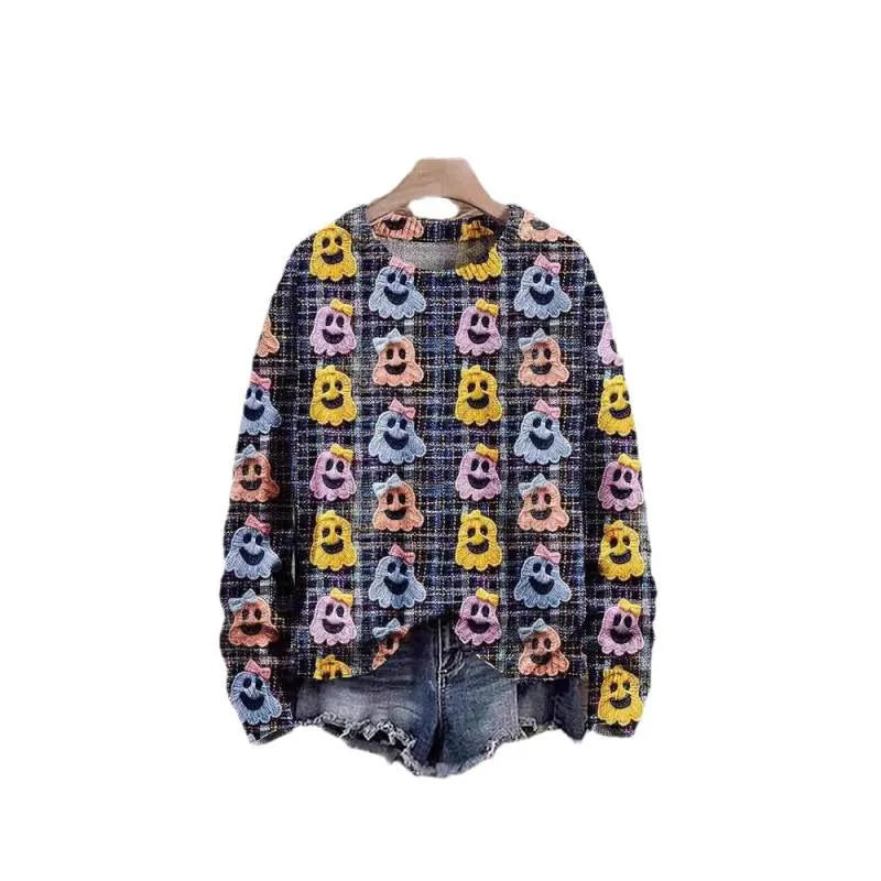 Digital print 3D effect round neck women's sweater in polyester, regular fit, available in multiple sizes