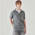 Men's solid colour knitted polo shirt with short sleeves and a collar on a hanger