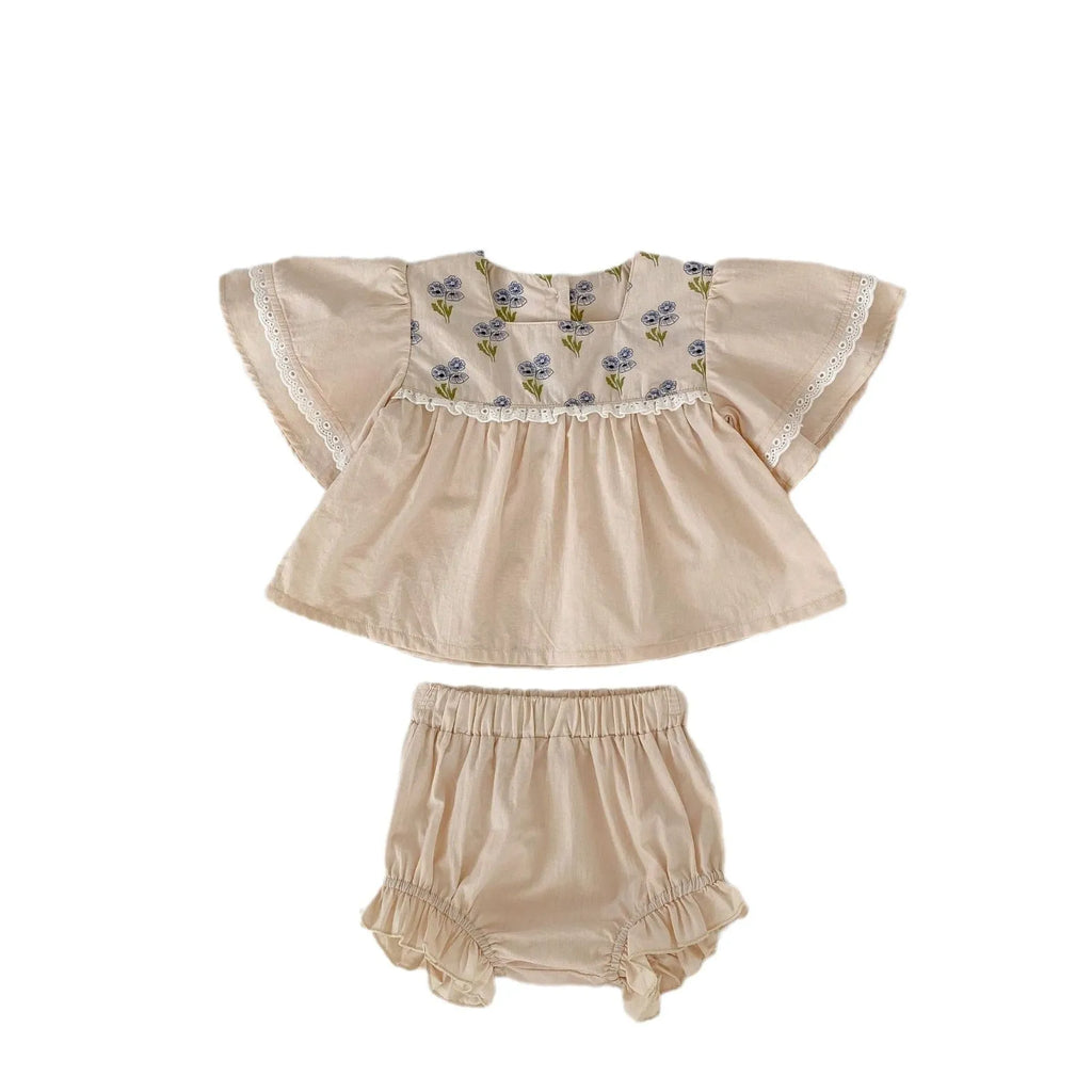 Apricot floral cotton two-piece suit for baby girls with horn puff short sleeves and square collar