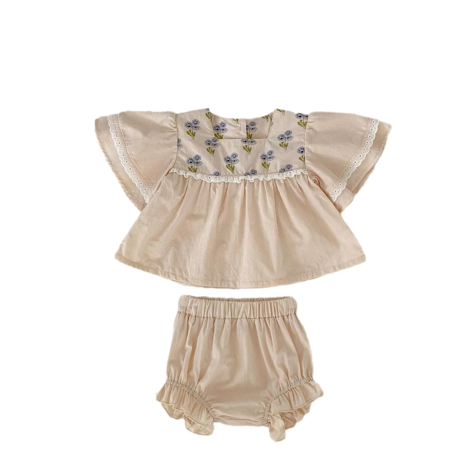 Apricot floral cotton two-piece suit for baby girls with horn puff short sleeves and square collar