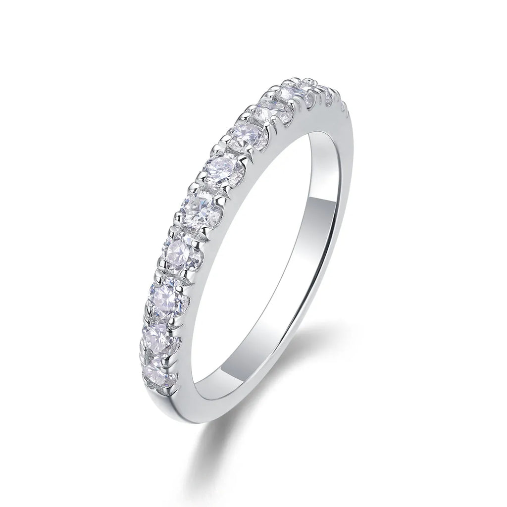 Parallel World moissanite wedding ring set in gold, S925 silver with platinum plating, on white background