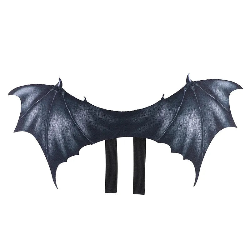 Black cloth bat wings Halloween costume accessory for a dog or cat, showing three size options.