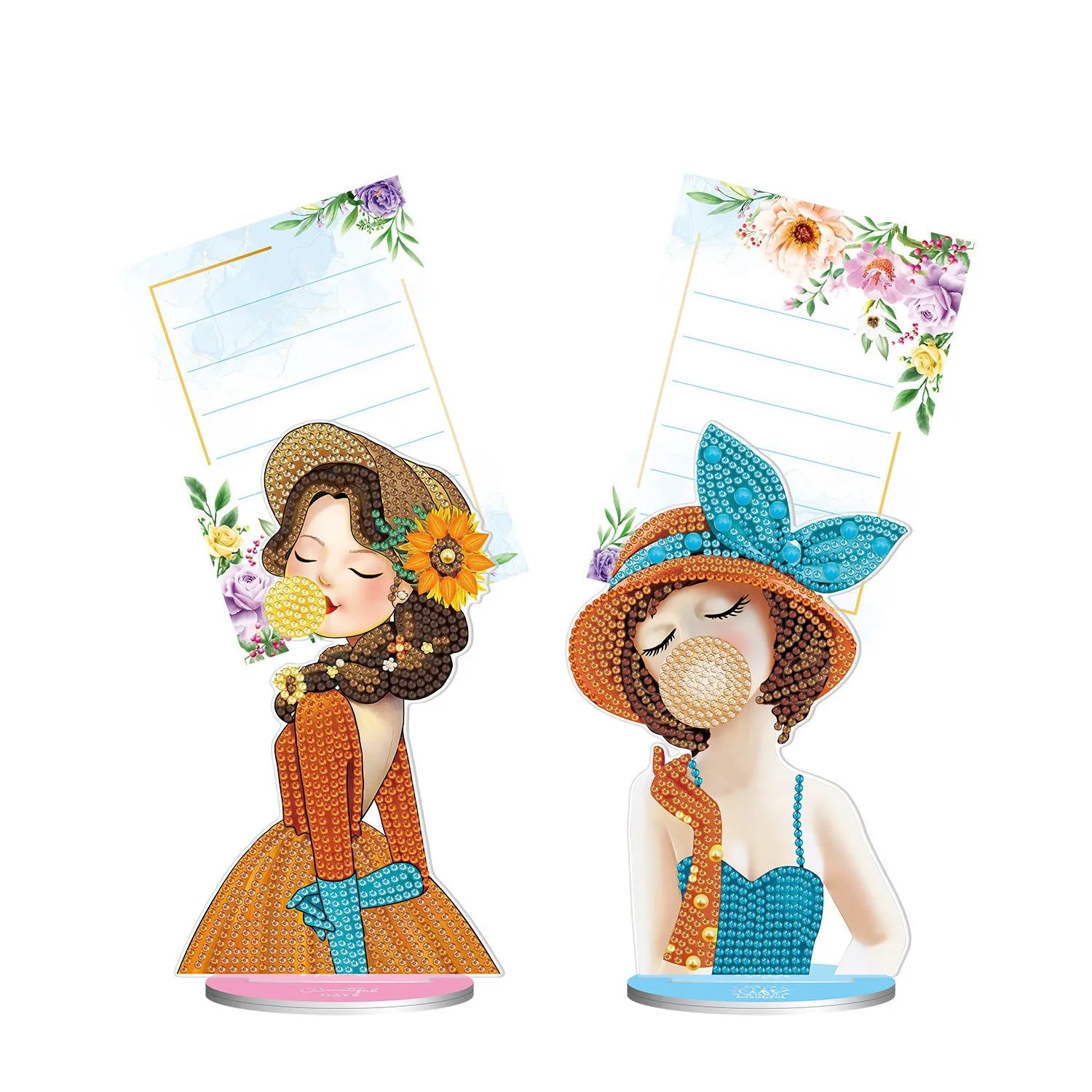 Handmade diamond painting decorative note clip on a desk holding a memo.