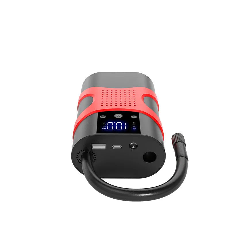 Portable emergency start power source with air pump, digital display, lithium battery, and circuit board protection.