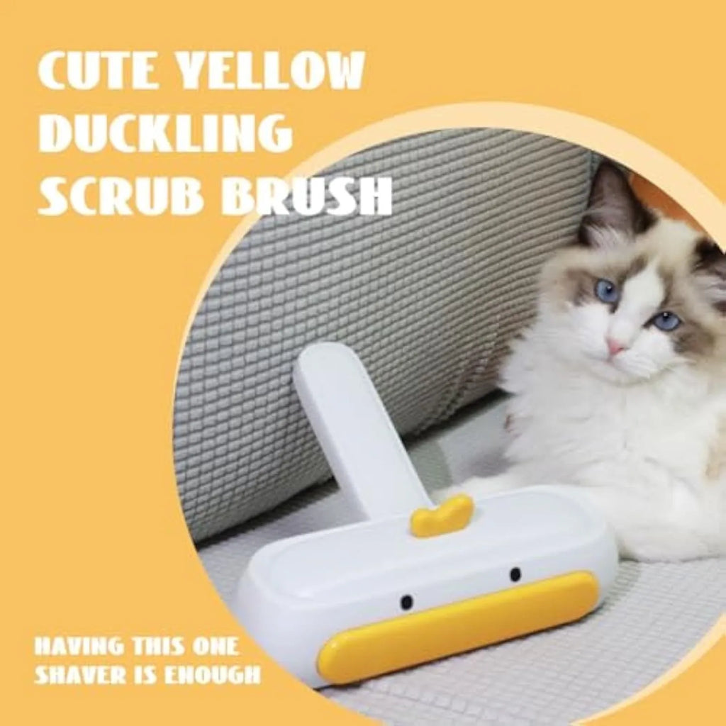 White portable pet hair remover brush with yellow duck cartoon design and polyester bristles.