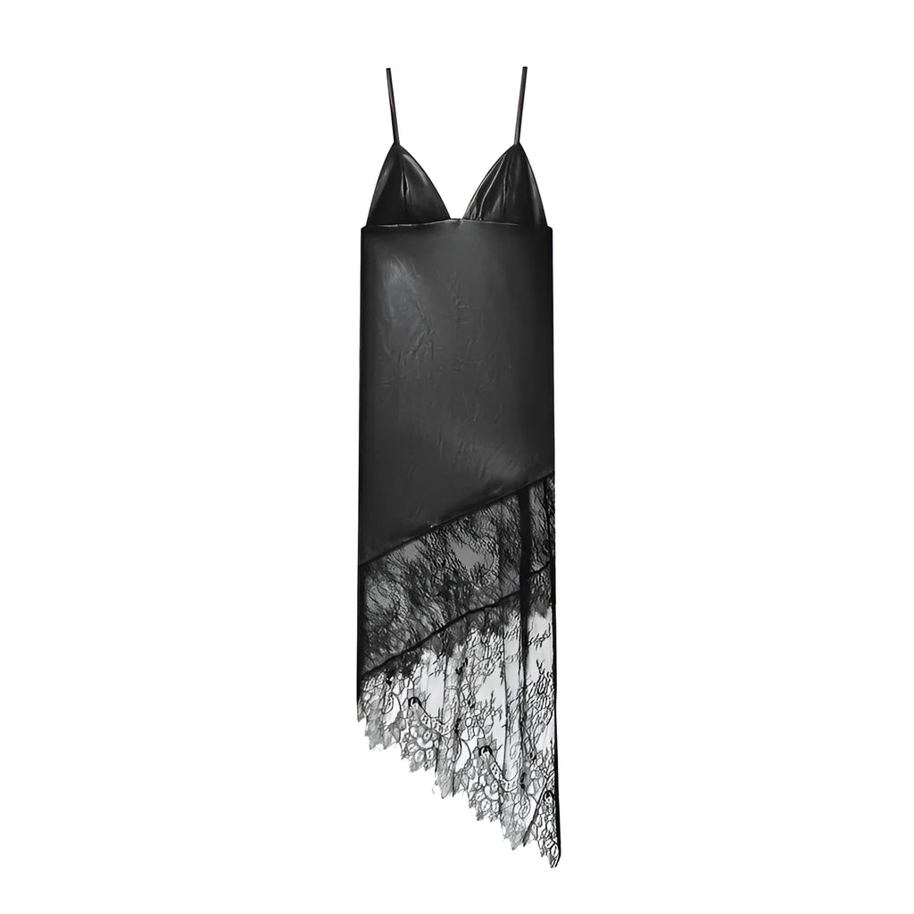 Women's black lace leather suspender dress with asymmetrical short skirt and hood
