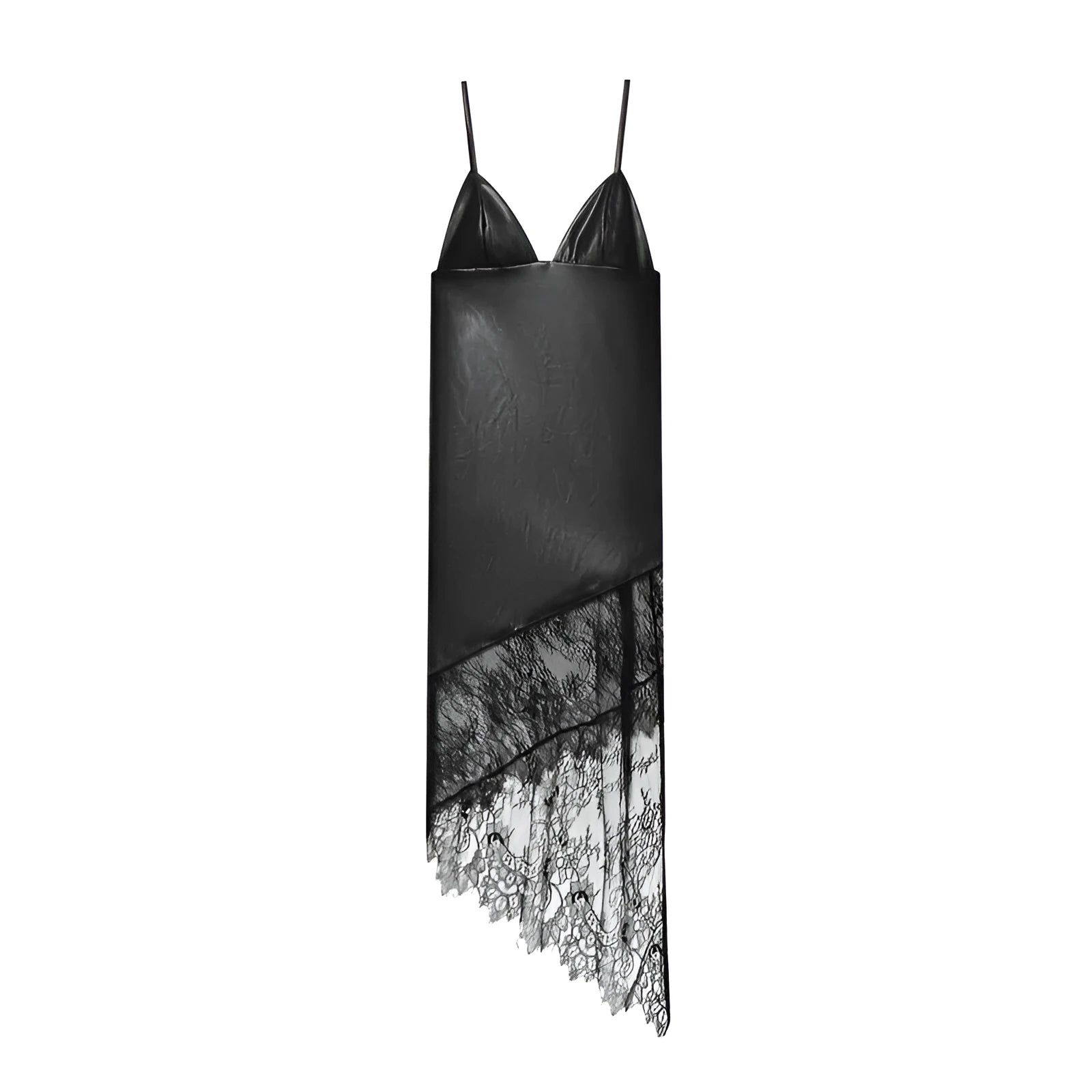 Women's black lace leather suspender dress with asymmetrical short skirt and hood