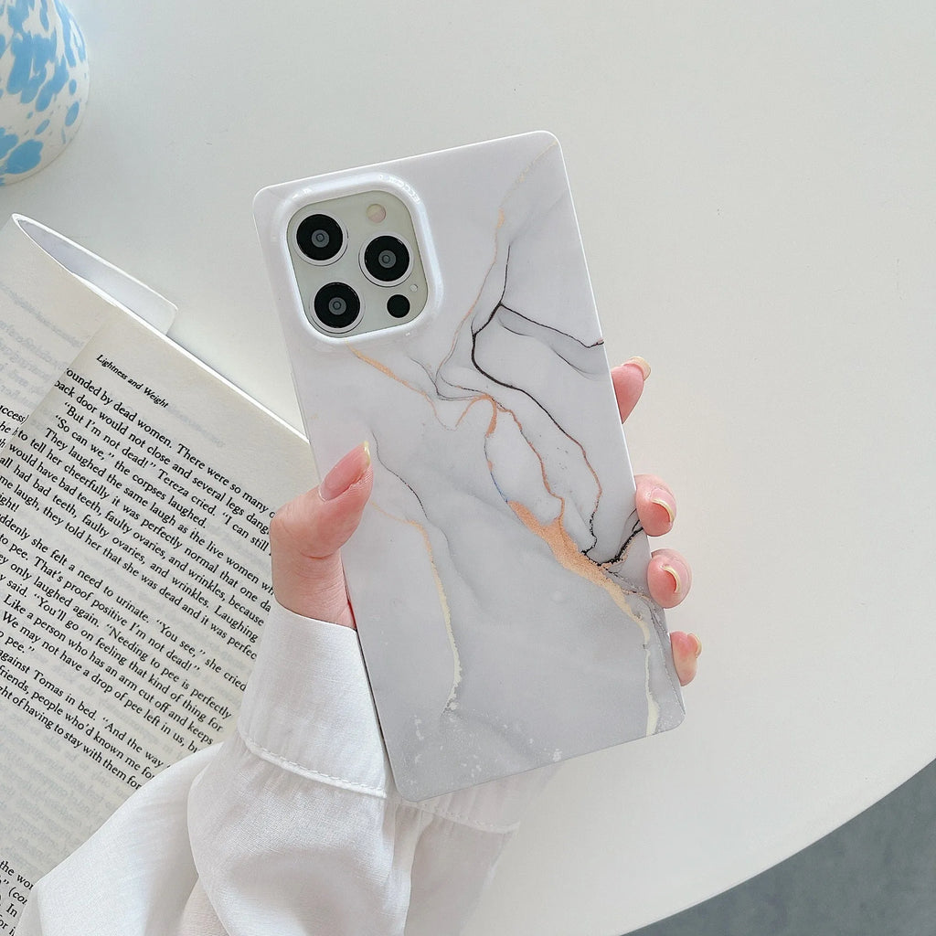 Square gilt marble silicone straight edge phone case with marble print in grey gold colour