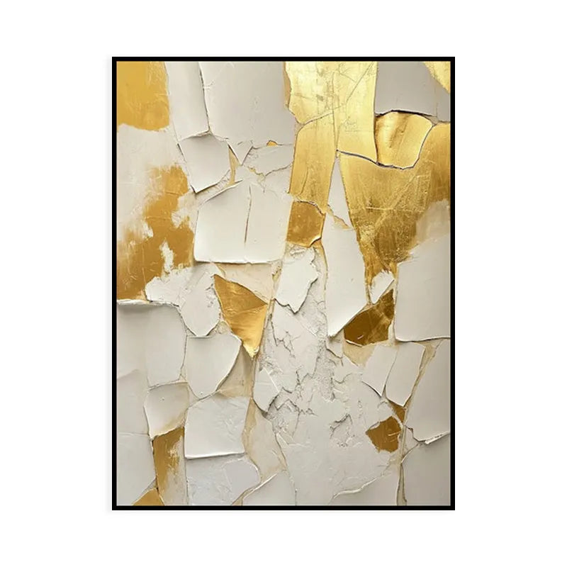 Handmade golden and white abstract oil painting on canvas, vertical orientation, no frame