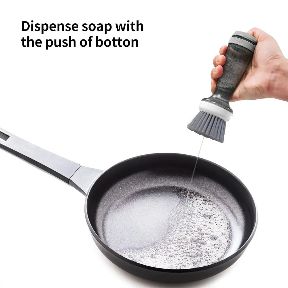 Milk white and mint green kitchen dish brush with soap dispenser and replaceable non-scratch head.