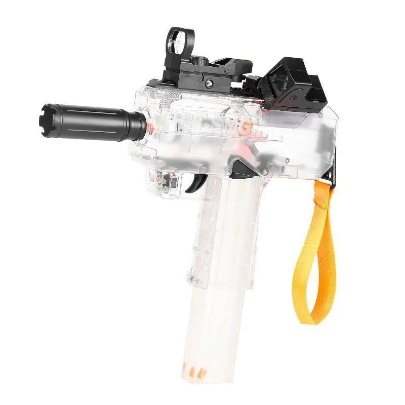 Uzi style electric water gun toy with transparent blue plastic body and attached accessories on a white background.
