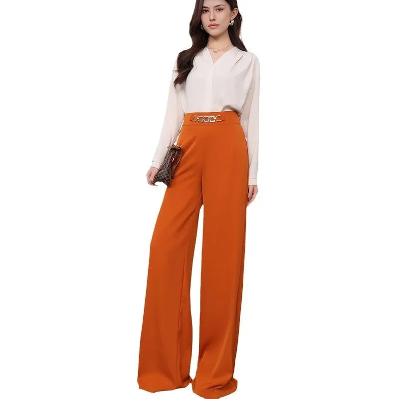 Solid colour drape wide leg pants for women in black, straight-leg style with micro elastic waist